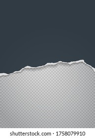 Torn, ripped piece of black paper with soft shadow is on white squared background for text. Vector illustration