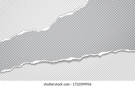 Torn, ripped piece of grey paper with soft shadow is on white squared background for text. Vector illustration