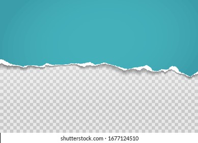 Torn, ripped piece of horizontal blue paper with soft shadow is on squared grey background for text. Vector illustration