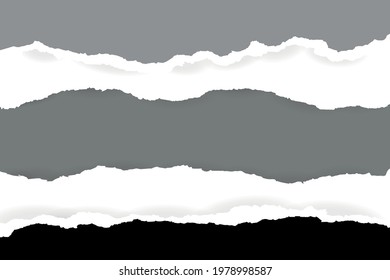 Torn, ripped piece of horizontal blue paper with soft shadow is on squared grey background for text. Vector illustration