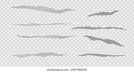 Torn, ripped piece of horizontal blue paper with soft shadow is on squared grey background for text. Vector illustration