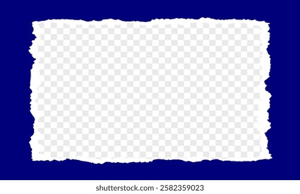 Torn, ripped piece of horizontal blue paper with soft shadow is on squared grey background for text, Torn paper. Ripped sheets, curl vector paper elements, ripped and folded strip or piece of notepad.
