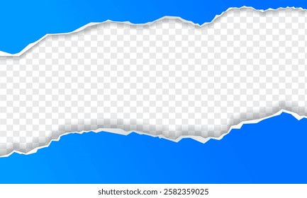 Torn, ripped piece of horizontal blue paper with soft shadow is on squared grey background for text, Torn paper. Ripped sheets, curl vector paper elements, ripped and folded strip or piece of notepad.