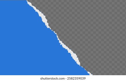 Torn, ripped piece of horizontal blue paper with soft shadow is on squared grey background for text, Torn paper. Ripped sheets, curl vector paper elements, ripped and folded strip or piece of notepad.