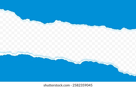 Torn, ripped piece of horizontal blue paper with soft shadow is on squared grey background for text, Torn paper. Ripped sheets, curl vector paper elements, ripped and folded strip or piece of notepad.