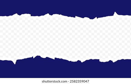 Torn, ripped piece of horizontal blue paper with soft shadow is on squared grey background for text, Torn paper. Ripped sheets, curl vector paper elements, ripped and folded strip or piece of notepad.