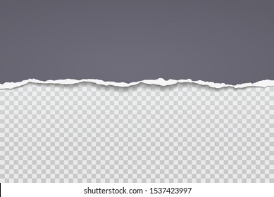 Torn, ripped piece of horizontal dark grey paper with soft shadow is on white squared background. Vector illustration