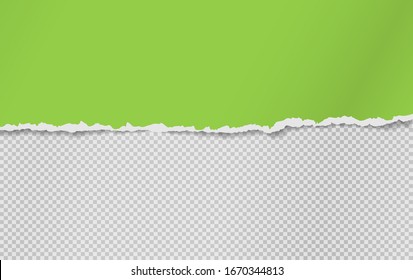 Torn, ripped piece of horizontal green paper with soft shadow is on squared grey background for text. Vector illustration
