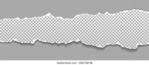 Torn, ripped piece of horizontal paper with soft shadow is on dark grey squared background for text. Vector illustration