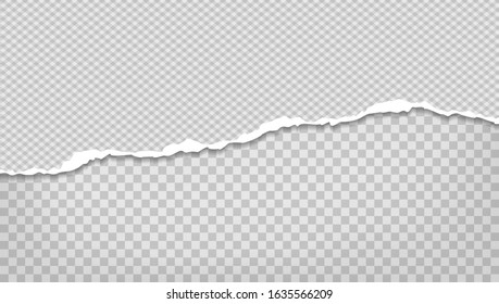 Torn, ripped piece of horizontal paper with soft shadow is on grey squared background for text. Vector illustration