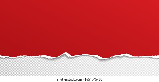 Torn, ripped piece of horizontal red paper with soft shadow is on white squared background for text. Vector illustration