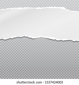 Torn, ripped piece of horizontal white paper with soft shadow is on squared grey background. Vector illustration