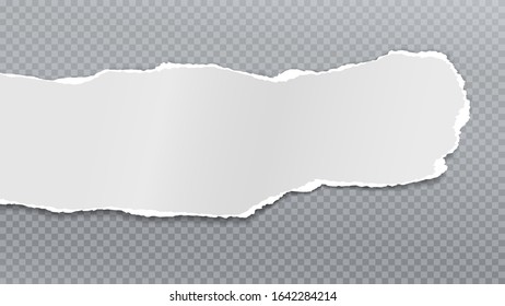 Torn, ripped piece of horizontal white paper with soft shadow is on dark grey squared background for text. Vector illustration