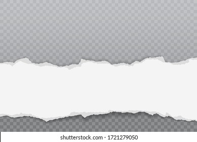 Torn, ripped piece of horizontal white paper with soft shadow is on dark squared background for text. Vector illustration