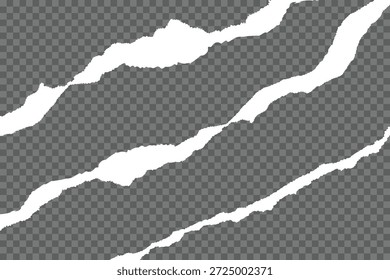 Torn, ripped piece of horizontal white paper with soft shadow is on squared grey background for text. Vector illustration