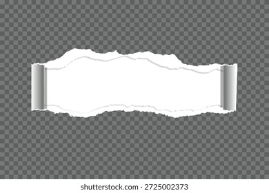Ein zerrissenes, gerissenes Stück horizontales weißes Papier mit weichem Schatten befindet sich auf quadratisch grauem Hintergrund für Text. Vektorgrafik