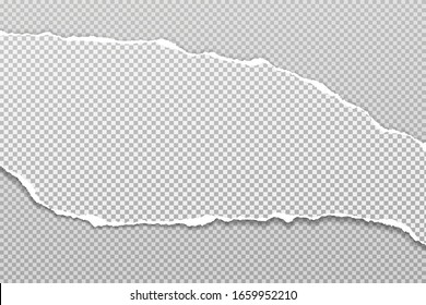 Torn, ripped piece of white and grey paper with soft shadow is on squared background for text. Vector illustration