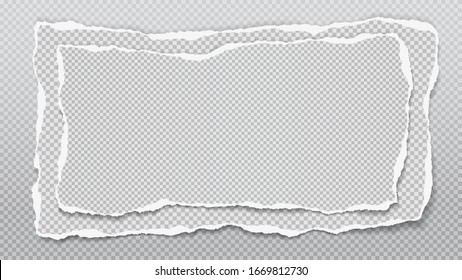 Torn, ripped piece of white and grey rectangular paper with soft shadow is on squared background for text. Vector illustration