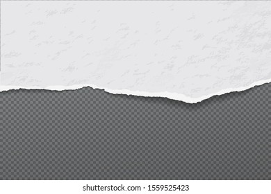 Torn, ripped piece of white and horizontal paper with soft shadow is on dark grey squared background. Vector illustration