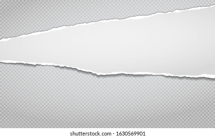 Torn, ripped piece of white horizontal paper with soft shadow is on grey squared background for text. Vector illustration