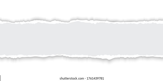Torn ripped piece of white paper with soft shadow isolated on white background for text banner. Realistic vector illustration of torn paper