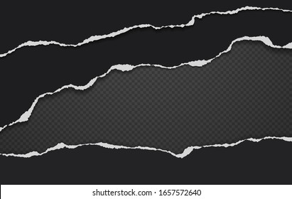 Torn, ripped pieces black paper with soft shadow are on squared background for text. Vector illustration