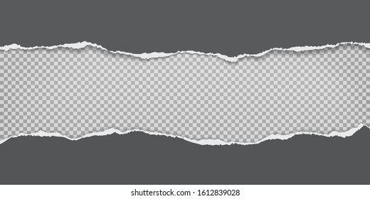 Torn, ripped pieces of horizontal black paper with soft shadow are on grey squared background for text. Vector illustration