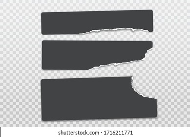 Torn, ripped pieces of horizontal black sticky note paper with soft shadow are on squared white background for text. Vector illustration