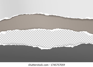 Torn, ripped pieces of horizontal black and white squared paper with soft shadow are on brown background for text. Vector illustration