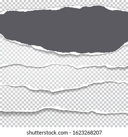 Torn, ripped pieces of horizontal blackand white paper with soft shadow are on grey squared background for text. Vector illustration