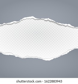 Torn, ripped pieces of horizontal blue paper with soft shadow are on white squared background for text. Vector illustration