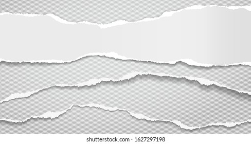 Torn, ripped pieces of horizontal blue and white paper with soft shadow are on grey squared background for text. Vector illustration