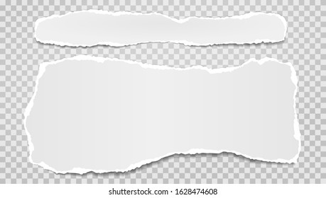 Torn, ripped pieces of horizontal blue and white paper with soft shadow are on grey squared background for text. Vector illustration