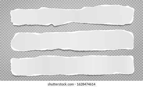 Torn, ripped pieces of horizontal blue and white paper with soft shadow are on grey squared background for text. Vector illustration
