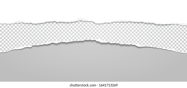 Torn, ripped pieces of horizontal blue and white paper with soft shadow are on grey squared background for text. Vector illustration