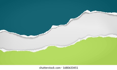 Torn, ripped pieces of horizontal blue and green paper with soft shadow are on white background for text. Vector illustration