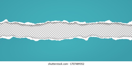 Torn, ripped pieces of horizontal blue paper with soft shadow are on squared grey background for text. Vector illustration