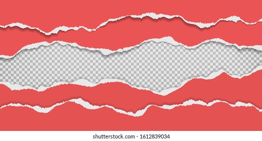 Torn, ripped pieces of horizontal bright red paper with soft shadow are on squared background for text. Vector illustration
