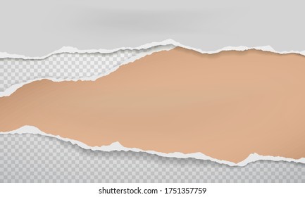 Torn, ripped pieces of horizontal brown and white paper with soft shadow are on squared background for text. Vector illustration