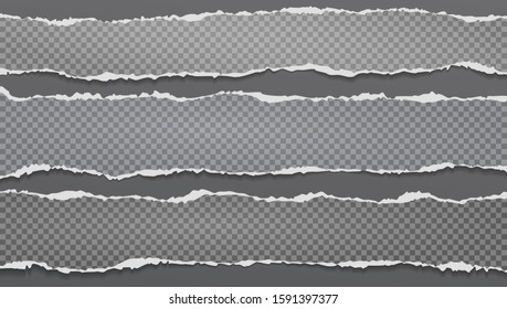 Torn, ripped pieces of horizontal dark grey squared paper with soft shadow are on black background for text. Vector illustration