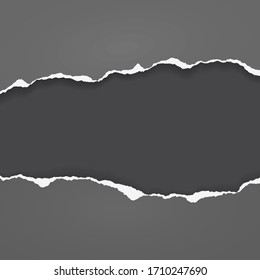 Torn, ripped pieces of horizontal dark grey paper with soft shadow are on black background for text. Vector illustration