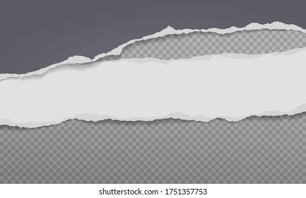 Torn, ripped pieces of horizontal dark grey and white paper with soft shadow are on squared background for text. Vector illustration
