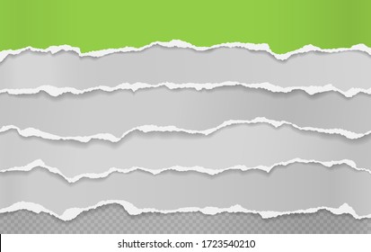 Torn, ripped pieces of horizontal green and white paper with soft shadow are on squared background for text. Vector illustration