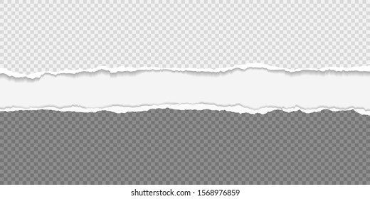 Torn, ripped pieces of horizontal grey and black squared paper with soft shadow are on white background. Vector illustration