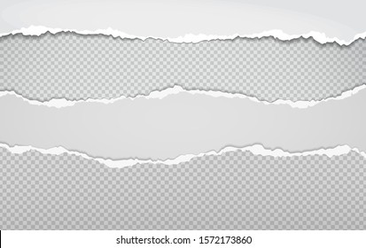 Torn, ripped pieces of horizontal grey and white paper with soft shadow are on squared background for text. Vector illustration