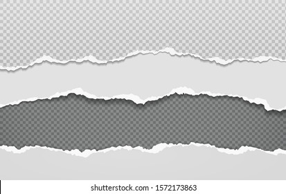 Torn, ripped pieces of horizontal grey and white paper with soft shadow are on black squared background for text. Vector illustration