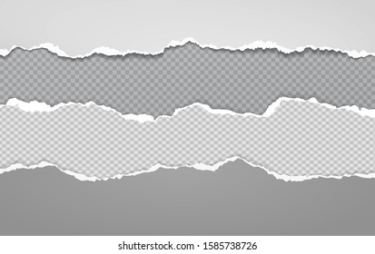 Torn, ripped pieces of horizontal grey paper with soft shadow are on white squared background for text. Vector illustration