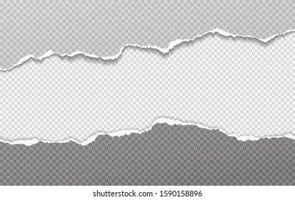 Torn, ripped pieces of horizontal grey paper with soft shadow are on white squared background for text. Vector illustration