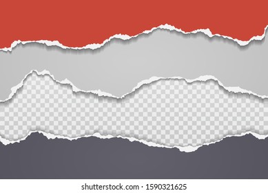 Torn, ripped pieces of horizontal grey, red paper with soft shadow are on white squared background for text. Vector illustration