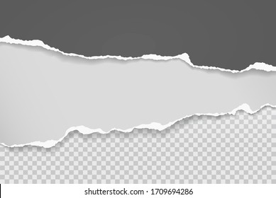 Torn, ripped pieces of horizontal grey, black paper with soft shadow are on squared grey background for text. Vector illustration